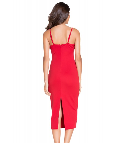 Red Plunging V Neck Midi Dress