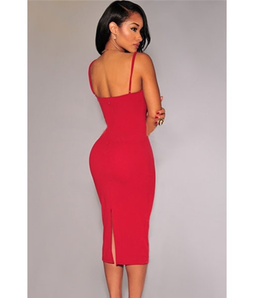 Red Plunging V Neck Midi Dress