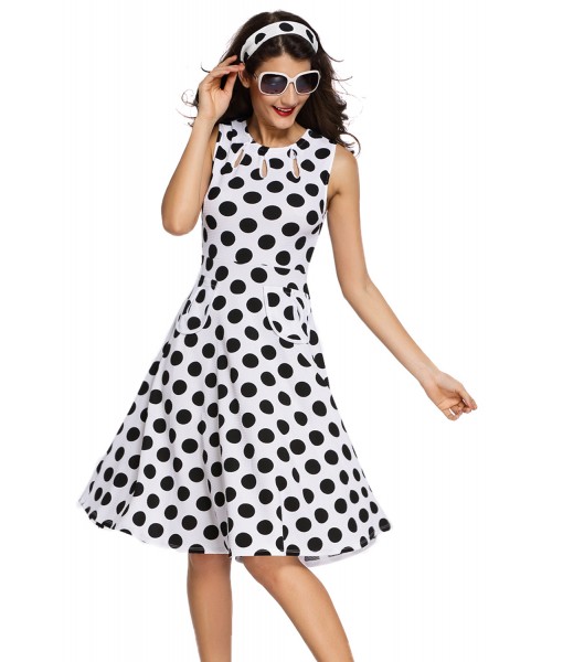 White Polka Dot Bohemain Print Dress with Keyholes