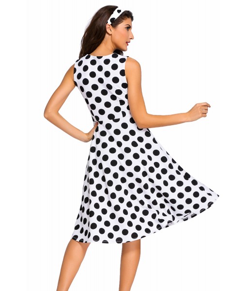 White Polka Dot Bohemain Print Dress with Keyholes