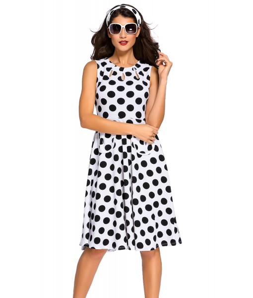 White Polka Dot Bohemain Print Dress with Keyholes