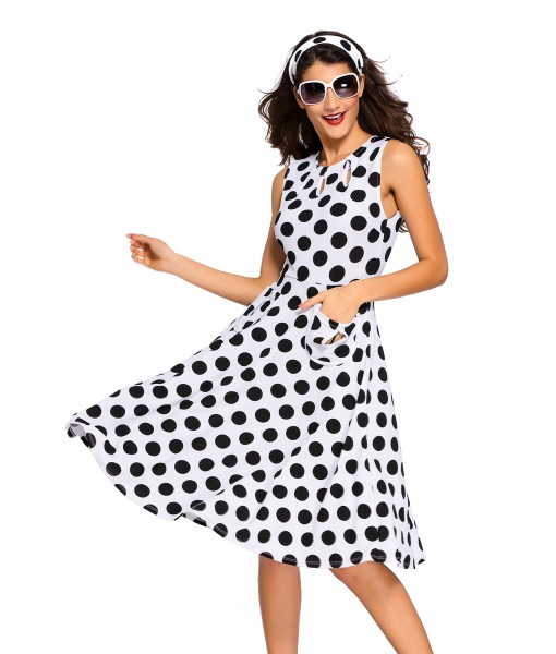 White Polka Dot Bohemain Print Dress with Keyholes