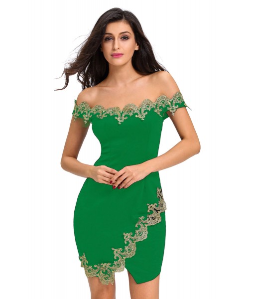 Gold Lace Applique Green Off Shoulder Mini Dress