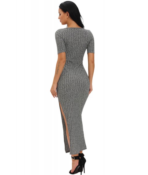 Charcoal Dusty Ribbed Half Sleeve Maxi Dress