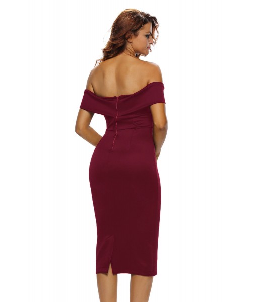 Burgundy Off-the-shoulder Midi Dress