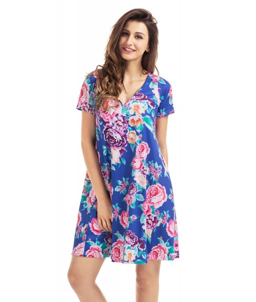 Royal Blue Pocket Design Summer Floral Shirt Dress