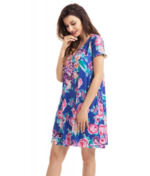 Royal Blue Pocket Design Summer Floral Shirt Dress