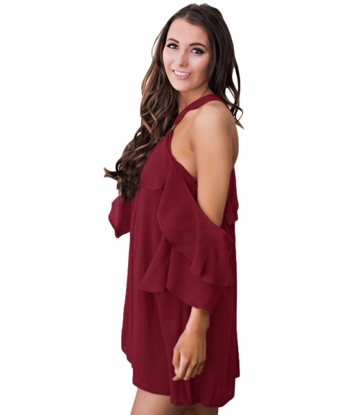 Burgundy Adorable Sexy O Ring Detail Ruffle Dress