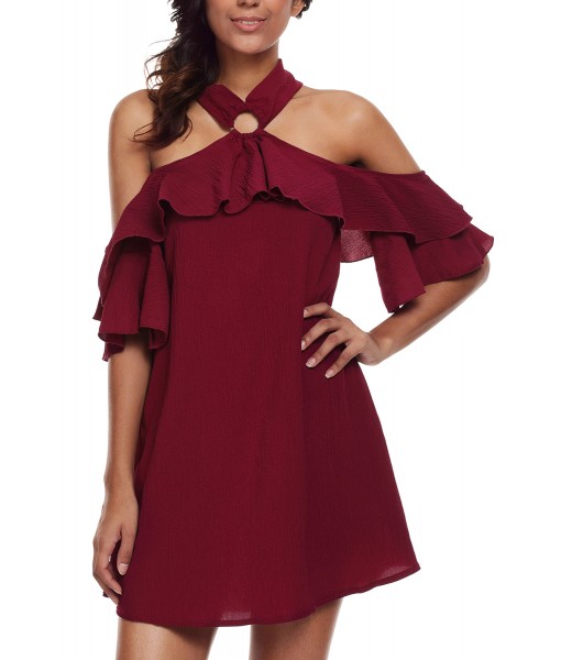 Burgundy Adorable Sexy O Ring Detail Ruffle Dress