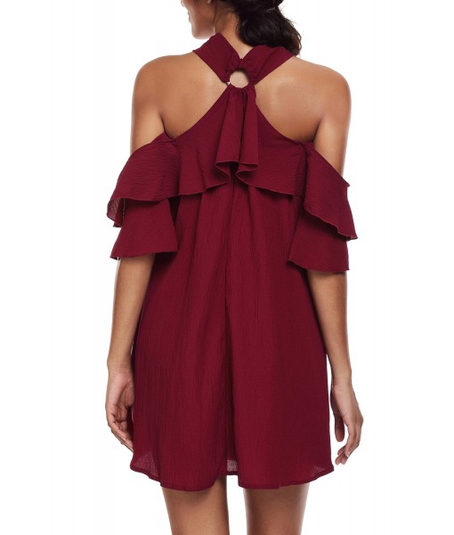 Burgundy Adorable Sexy O Ring Detail Ruffle Dress