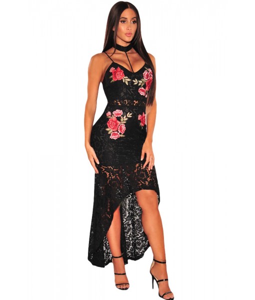 Black Floral Lace Choker High Low Dress