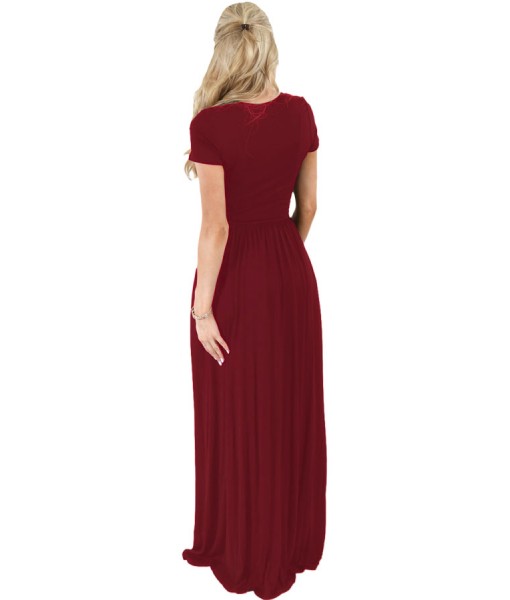 Wine Short Sleeve Ruched Waist Maxi Dress