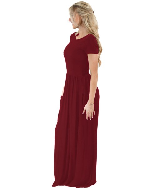 Wine Short Sleeve Ruched Waist Maxi Dress