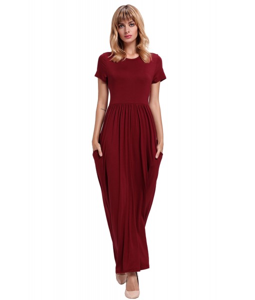 Wine Short Sleeve Ruched Waist Maxi Dress