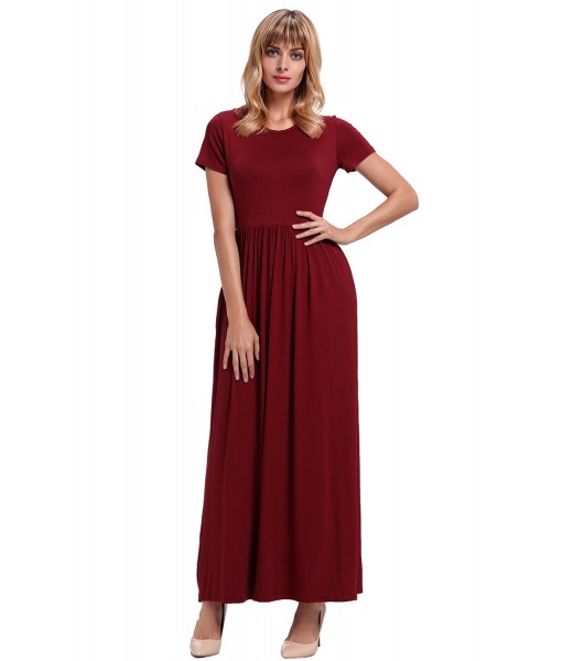 Wine Short Sleeve Ruched Waist Maxi Dress