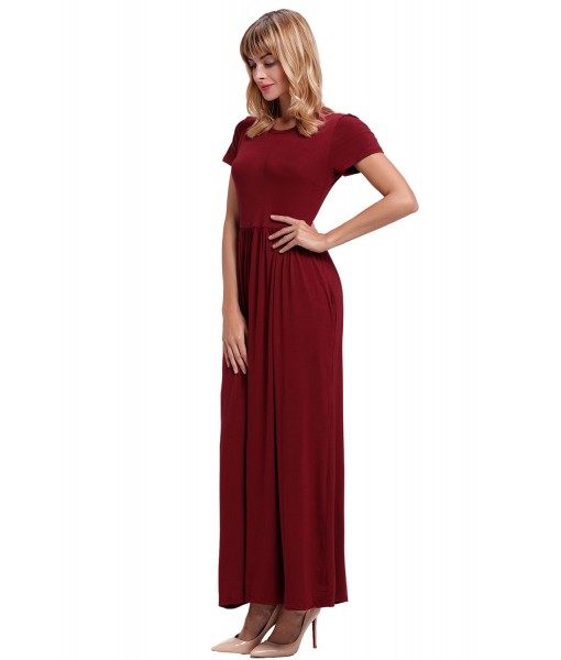 Wine Short Sleeve Ruched Waist Maxi Dress