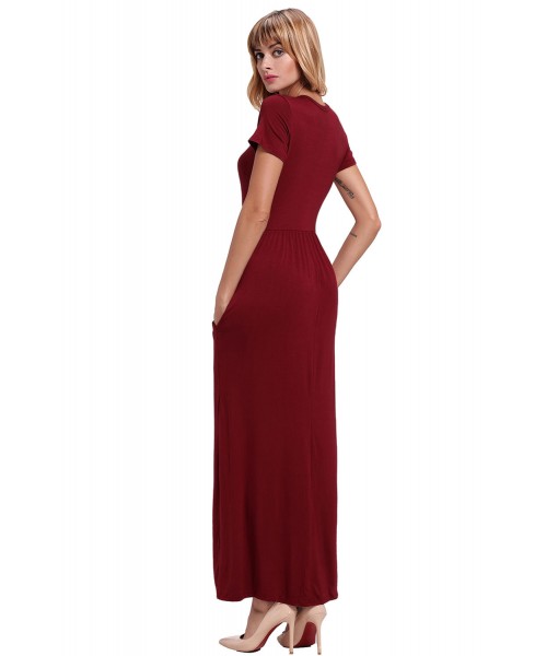 Wine Short Sleeve Ruched Waist Maxi Dress