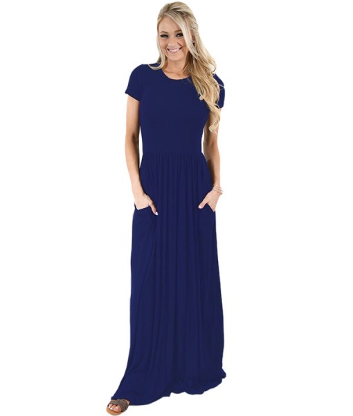 Navy Blue Short Sleeve Ruched Waist Maxi Dress