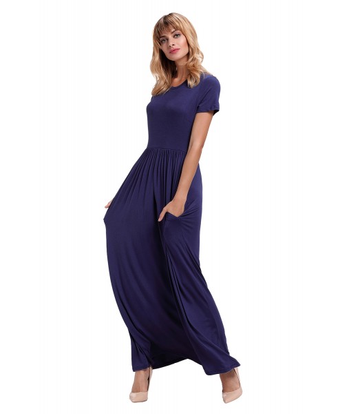 Navy Blue Short Sleeve Ruched Waist Maxi Dress