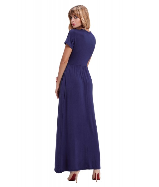 Navy Blue Short Sleeve Ruched Waist Maxi Dress