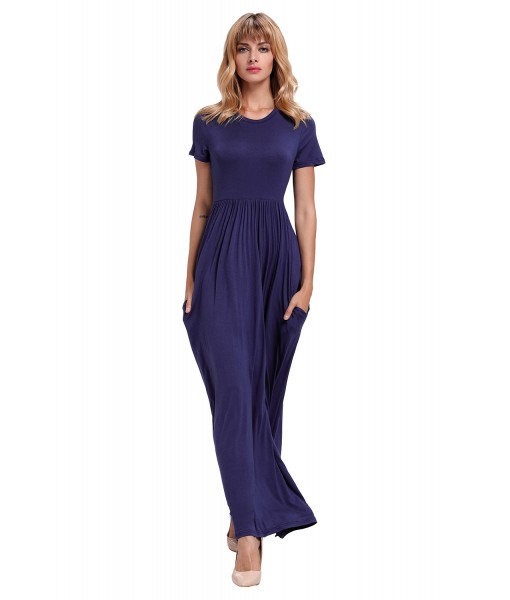 Navy Blue Short Sleeve Ruched Waist Maxi Dress