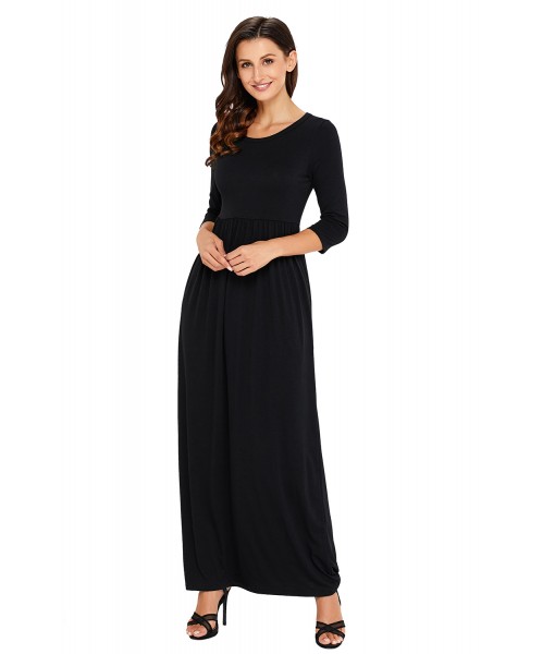 Black Pocket Design 3/4 Sleeves Maxi Dress