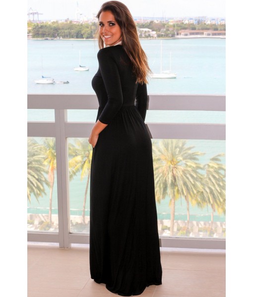 Black Pocket Design 3/4 Sleeves Maxi Dress