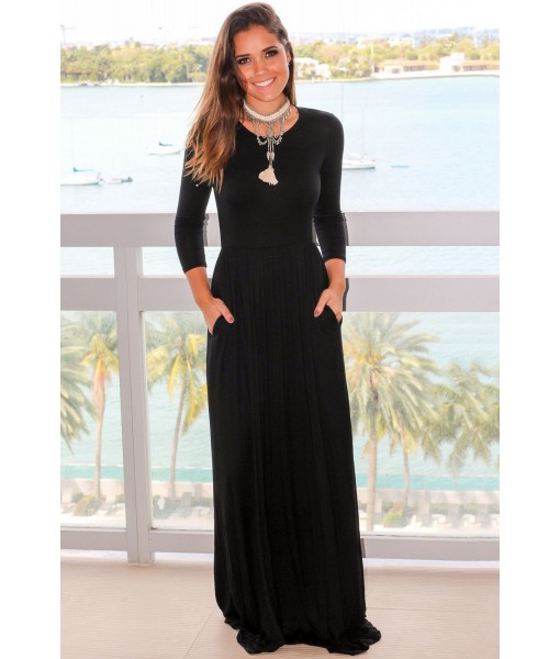 Black Pocket Design 3/4 Sleeves Maxi Dress