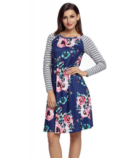 Dark Blue Floral Print Stripe Raglan Sleeve Dress