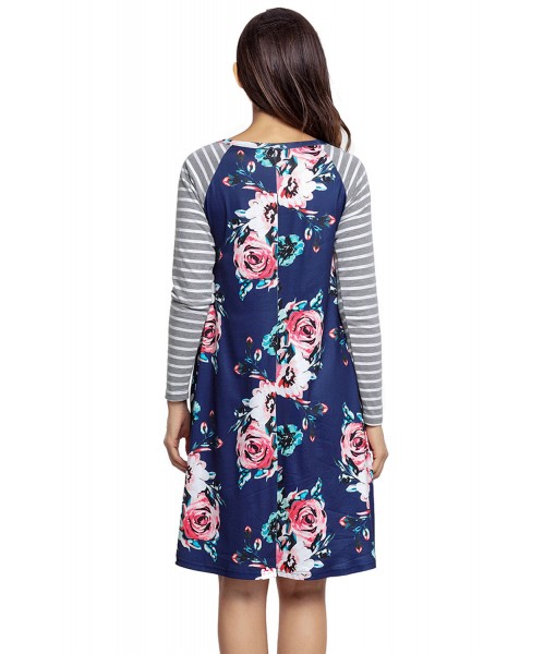 Dark Blue Floral Print Stripe Raglan Sleeve Dress