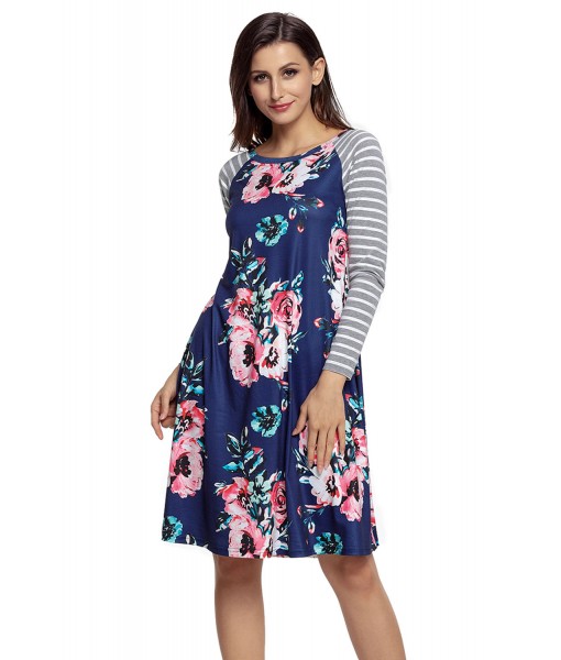 Dark Blue Floral Print Stripe Raglan Sleeve Dress