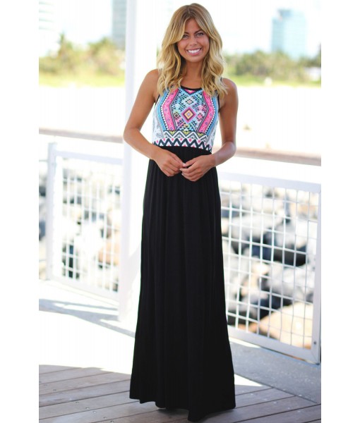 Stylish Tribal Print Sleeveless Black Maxi Dress