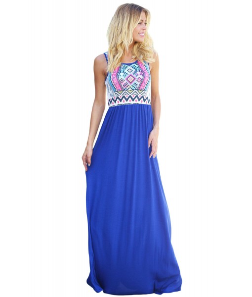 Stylish Aztec Print Sleeveless Royal Blue Maxi Dress