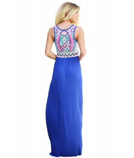 Stylish Aztec Print Sleeveless Royal Blue Maxi Dress