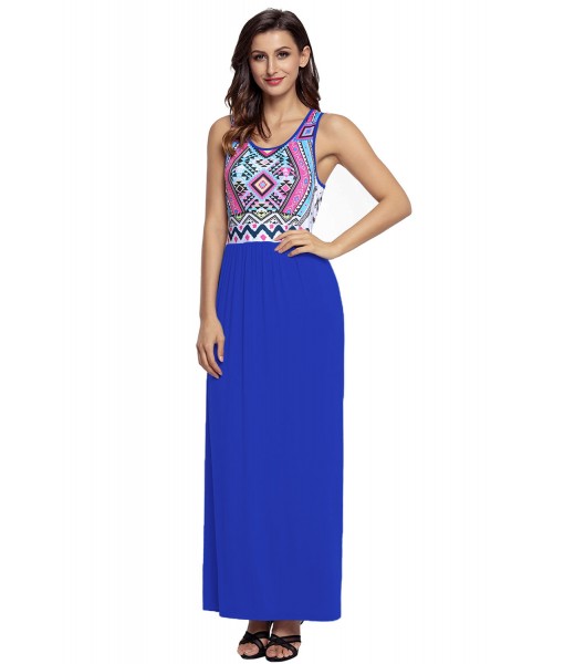 Stylish Aztec Print Sleeveless Royal Blue Maxi Dress