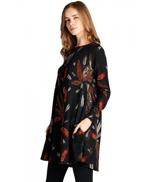 Black Feather Graphic Pocket Tunic Dress