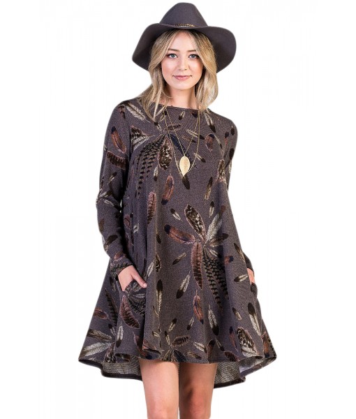 Coffee Feather Graphic Pocket Tunic Dress