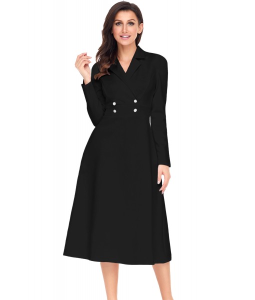 Black Vintage Button Collared Fit-and-flare Dress