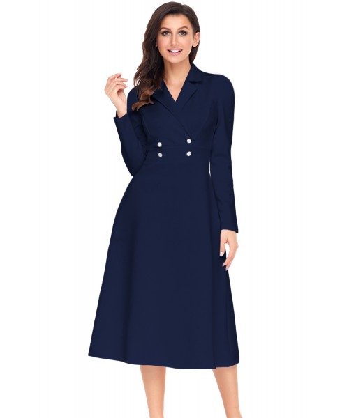 Navy Vintage Button Collared Fit-and-flare Dress