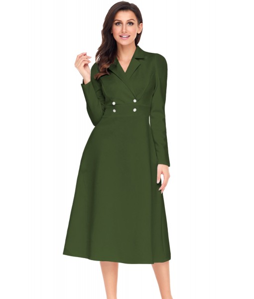 Army Green Vintage Button Collared Fit-and-flare Dress