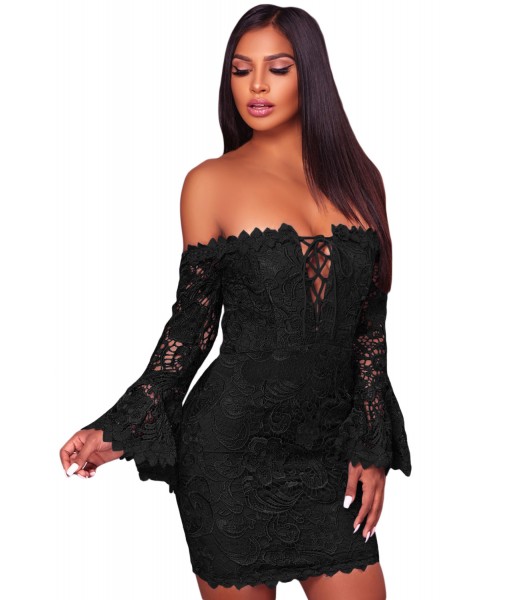 Black Crochet Overlay Off The Shoulder Fitted Mini Dress