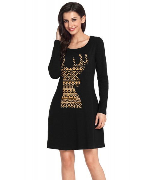 Geometric Snowflake Reindeer Black Christmas T-shirt Dress