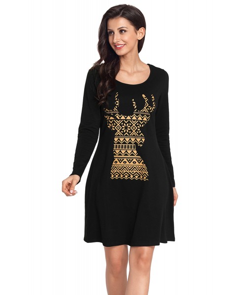 Geometric Snowflake Reindeer Black Christmas T-shirt Dress