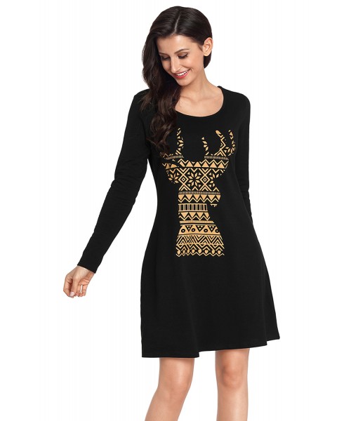 Geometric Snowflake Reindeer Black Christmas T-shirt Dress