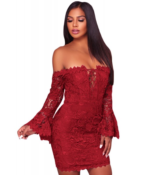 Purplish Red Crochet Overlay Off The Shoulder Fitted Mini Dress