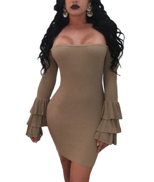 Brown Off The Shoulder Ruffled Sleeve Ribbed Mini Dress