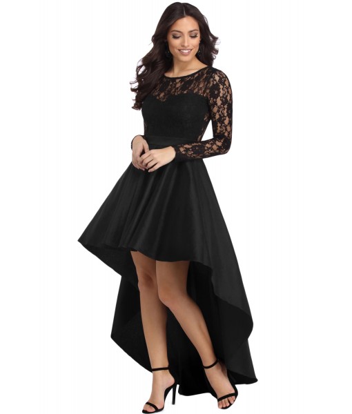 Black Long Sleeve Lace High Low Satin Prom Dress