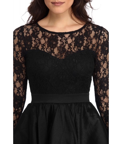 Black Long Sleeve Lace High Low Satin Prom Dress