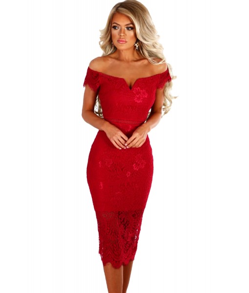 Red Lace Bardot Midi Dress