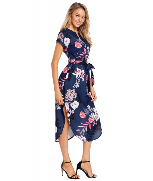 Navy Pink Floral Print Pencil Dress